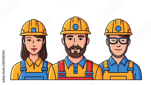 Construction Team Portrait – Professional Workers in Safety Helmets, Cartoon Vector Illustration