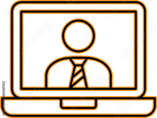 Laptop screen displays a person in a suit and tie