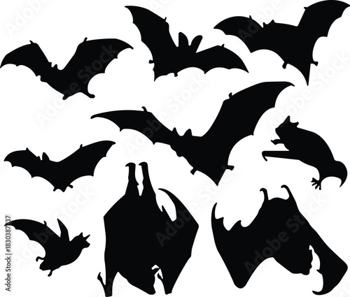 Vector collection of scary black bat silhouettes flying and hanging upside down isolated on white background for Halloween decoration.