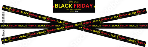 Black Friday ribbons. Crossed red and yellow ribbons and tapes with text on a transparent background. Black Friday sale banner with space for text. Vector.
