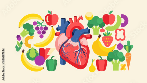 Vibrant illustration of a healthy human heart surrounded by a colorful assortment of fresh fruits and vegetables, symbolizing cardiovascular wellness and nutrition.