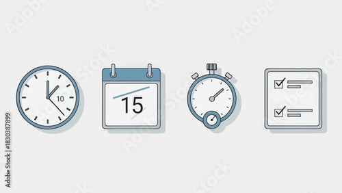 A set of four flat design icons representing time management, scheduling, and productivity tools, including a clock, calendar, stopwatch, and checklist.