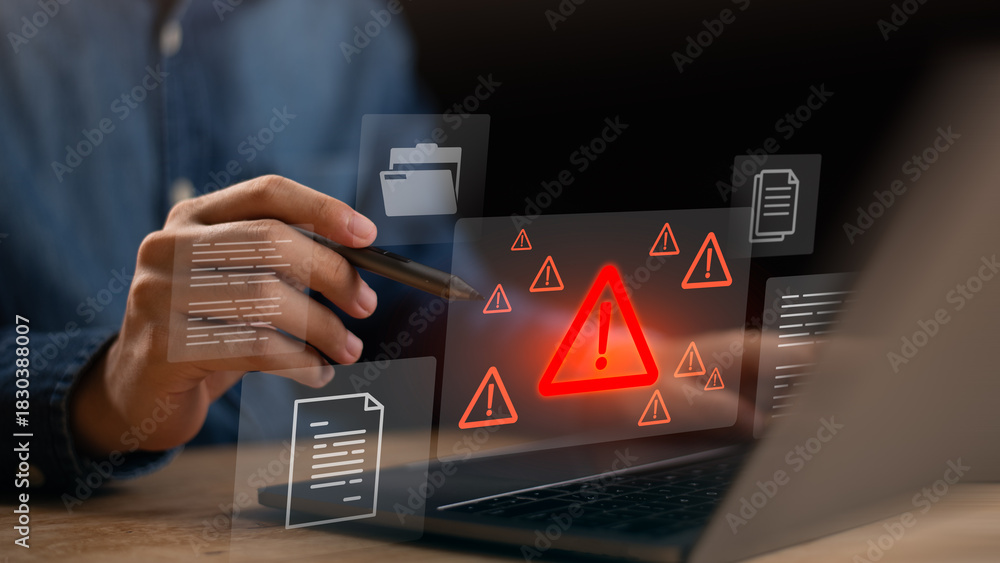 Naklejka premium digital warning alert displayed on laptop with document icons, representing system risk, data threat, cyber alerts, file security issues, online protection challenges in modern digital environments.