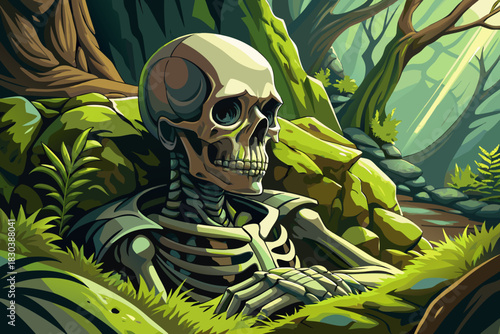 still skeleton rests against a tall moss covered forest tree under filtered sunlight passing through dense green leaves