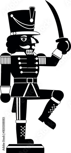 Classic nutcracker soldier with sword in dynamic marching pose