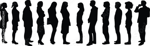 Vector black silhouettes of a large group of men and women standing in a long line isolated on white background