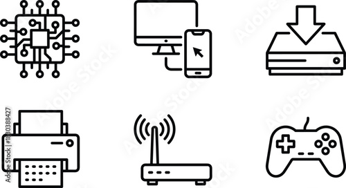 Technology, Computer, and Gaming Vector Icon Set Featuring CPU Processor, Device Sync, Console Download, Printer, Wi-Fi Router, and Gamepad Controller, Designed in Clean Outline Style.