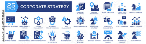 Corporate Strategy icon set. Containing design Strategic Planning, Market Positioning, Performance Metrics, Market Expansion, Growth Strategy. Solid icon collection.