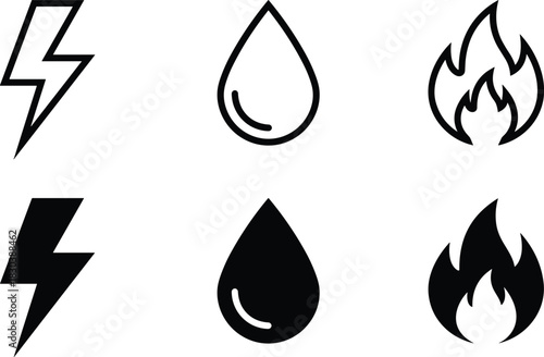 Vector Icons Set of Core Elements: Electricity, Water, and Fire, Representing Power, Energy, Nature, and Essential Services, in Both Outline and Solid Glyph Style, Isolated on White.