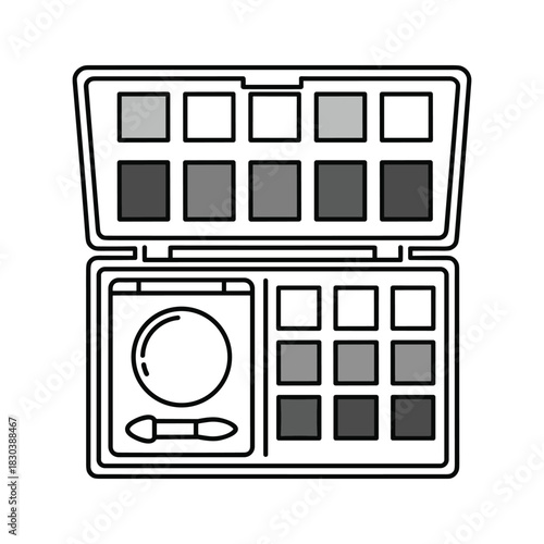 Makeup cosmetic palette with various eyeshadow shades, mirror, and applicator icon vector design.