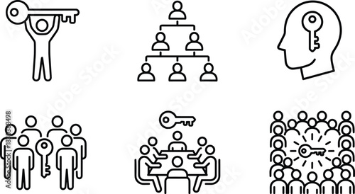Minimal leadership and key insight icons showing teamwork, hierarchy structure, collective ideas, problem solving, group strategy, innovation concept in clean vector outline design