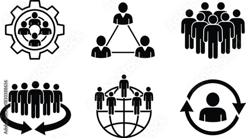 Teamwork and community collaboration icons showing global connection, group management, people network, communication flow and human 