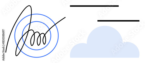 Abstract digital signature with blue concentric circles and light blue cloud icon. Horizontal lines suggest smooth connectivity. Ideal for authentication, security, digital identity, cloud storage