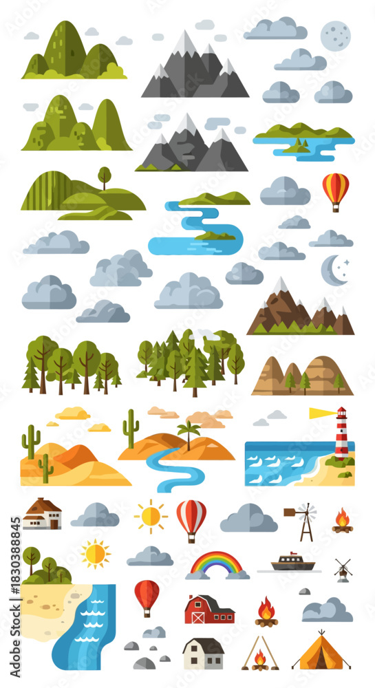 Obraz premium Diverse Nature and Landscape Icons Set in Vector Illustration