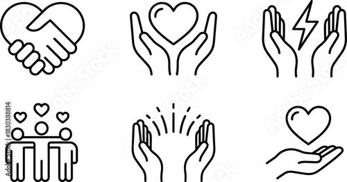 Set of caring hands and heart icons representing kindness, support, compassion, love, community and giving in simple line style