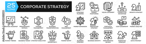 Corporate Strategy icon collection set. Containing design Strategic Planning, Market Positioning, Performance Metrics, Market Expansion, Growth Strategy