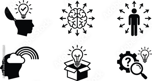 Collection of creativity and innovation icons showing brainstorming ideas, thinking process, problem solving, imagination development, inspiration and creative mind concepts