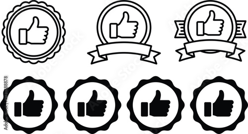 Collection of thumbs up approval badge icons with ribbons, seals, certification labels and quality guarantee symbols for rating and recognition