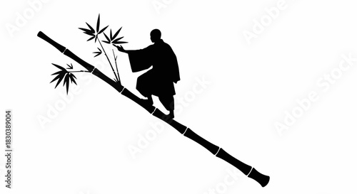 Silhouette of a martial artist gracefully climbing a bamboo stalk amidst lush foliage.