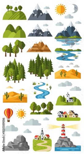 Collection of Landscape Elements Trees, Mountains, Sun, Clouds, River, and Desert for Design and Illustration