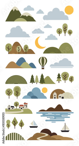 A vibrant collection of flat design landscape and nature elements, featuring mountains, forests, rivers, and icons for creating custom scenes