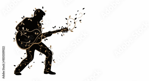 Silhouette of a musician playing guitar, adorned with glowing vines, evoking creativity and energy