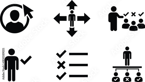 Human resources recruitment selection icons showing candidate evaluation, decision making, job approval, employee choice process, and hiring workflow symbols, silhouette style