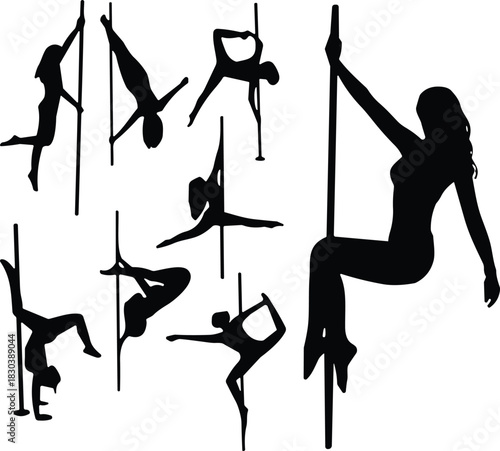Set of vector black silhouettes showing women practicing pole dance fitness and aerial acrobatic poses isolated on white background