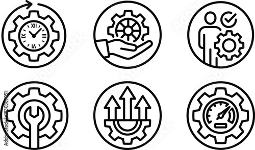 Set of engineering, productivity, maintenance, optimization, performance, and support icons in clean line style for business workflow and technical illustration
