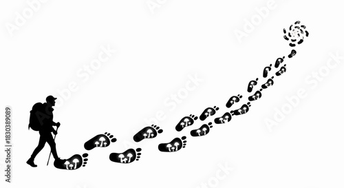 Lone hiker follows a winding path of footprints towards a bright, abstract destination.