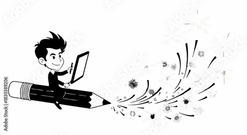 Young artist creatively riding a giant pencil, drawing inspiration and ideas into existence.