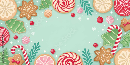 Christmas illustration of christmas treats and decorations arranged around a light blue background