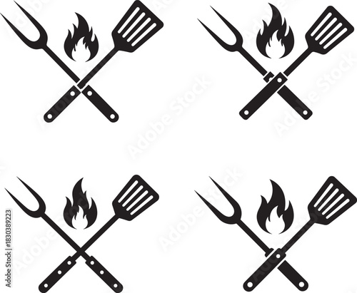 Four crossed barbecue utensils and flames silhouette