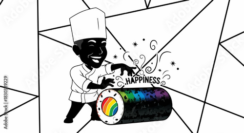 Joyful chef creates a magical rainbow sushi roll, spreading happiness and culinary delight.