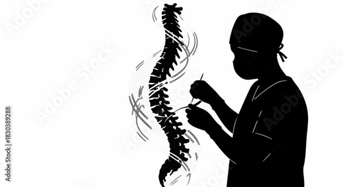 Surgeon carefully performs spinal surgery, focusing on detailed work with precision instruments.