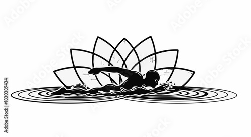 Silhouette of a swimmer in a freestyle stroke with a stylized lotus flower blooming behind.