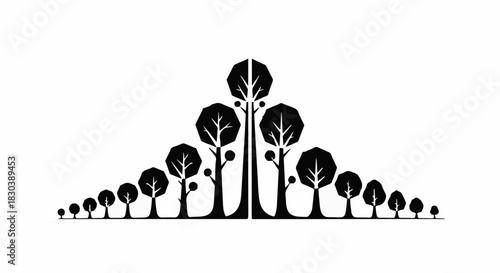 Stylized silhouette of diverse trees arranged in a growing landscape, symbolizing nature and development.