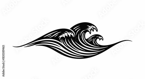 Stylized black and white illustration of powerful ocean waves crashing with dynamic energy.