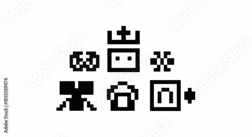 Retro pixel art icons representing game elements like a character, crown, and shield.