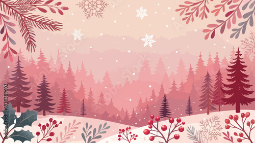 Christmas a watercolor winter scene with snowy hills, pine trees, snowflakes, and berry branches