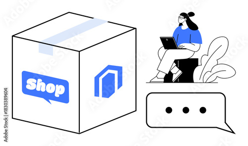 E-commerce concept. E-commerce drives digital shopping experiences with delivery and communication. E-commerce enables efficient transactions and connects platforms. For online stores, logistics