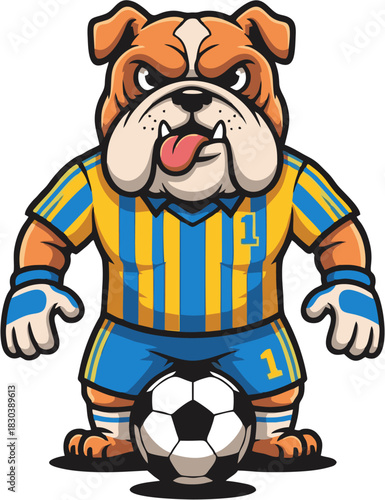 Tough Bulldog Goalkeeper Standing with Soccer Ball Vector