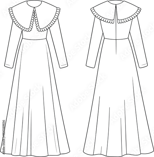 Elegant fashion illustration, long sleeve dress, ruffled collar gown, technical sketch, front and back view, garment design, couture style, floor length
