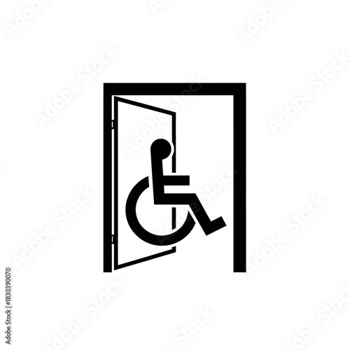 Accessible doorway icon featuring a stylized wheelchair user entering an open door, symbolizing inclusivity and accessibility for individuals with disabilities