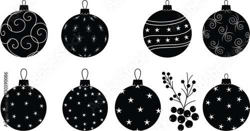Christmas ornament silhouettes, festive swirl icons, star and berry patterns, holiday vector clipart, black graphic design, seasonal decoration illustration