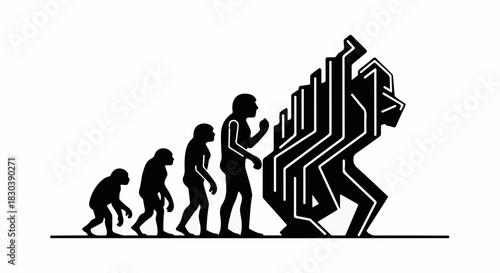 Human evolution transforming into technological advancement and artificial intelligence