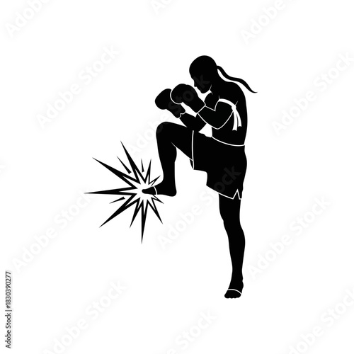 Dynamic silhouette of a Muay Thai fighter executing a powerful knee strike, depicting the intensity and precision of martial arts training and combat