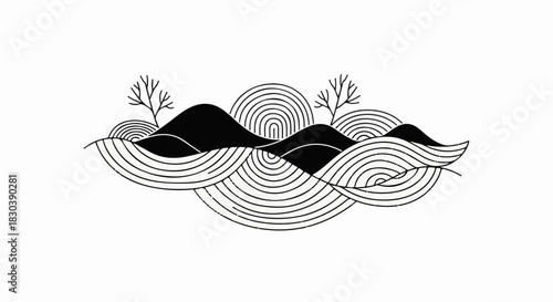 Abstract monochrome landscape with rolling hills and stylized trees.