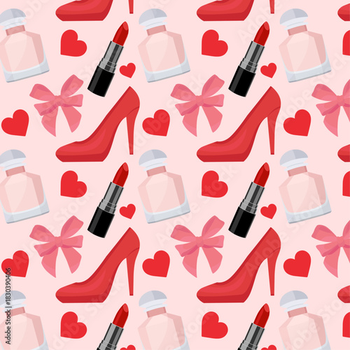 Girly pink red pattner with lipstick high heels perfume bow flat illustration