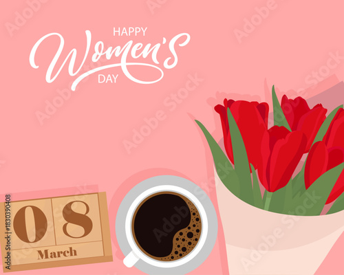 8th march pink background with morning coffee red tulips flowers chalendar happy women's day